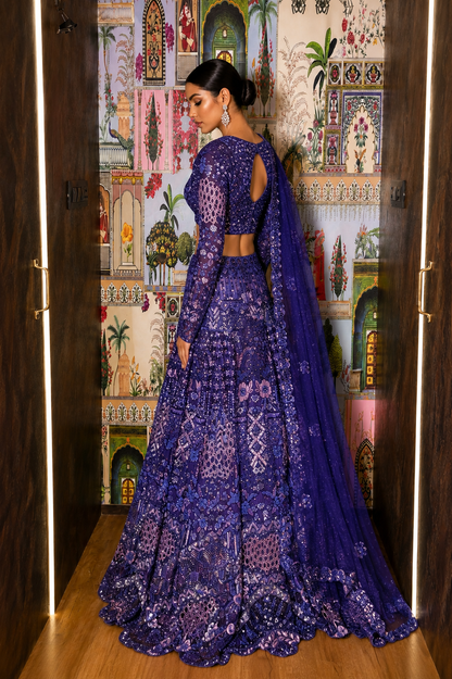Purple Hand-Embroidered Lehenga Choli with Intricate Cutwork & Motif Detailing