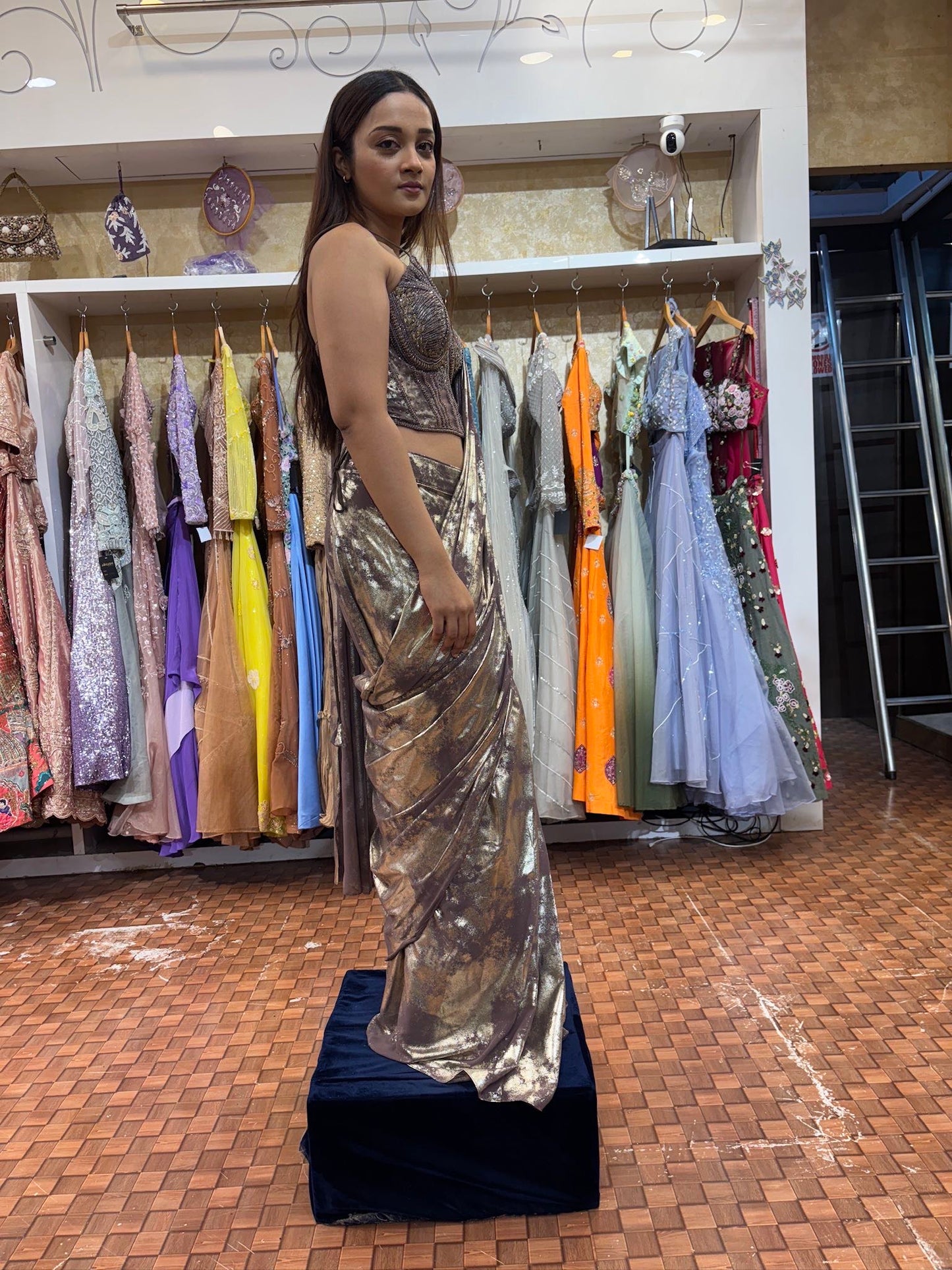 Copper brown corset with simmering saree