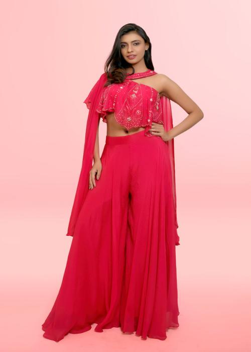 Pink One Shoulder Plazo Set With Choker Dupatta In Handwork