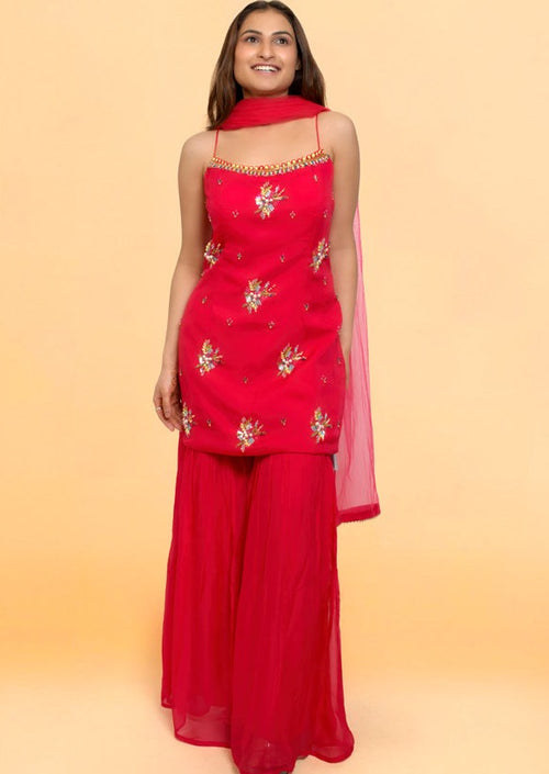 Pink Handwork Kurti Sharara Set With Dupatta