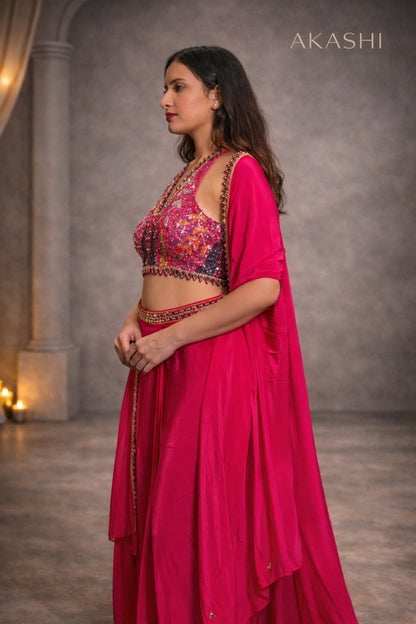 Hot pink halter neck saree with hand work blouse