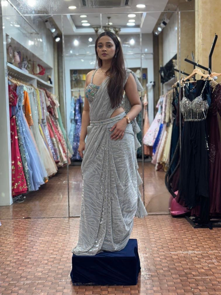 Simmering Silver pleated saree with corset blouse