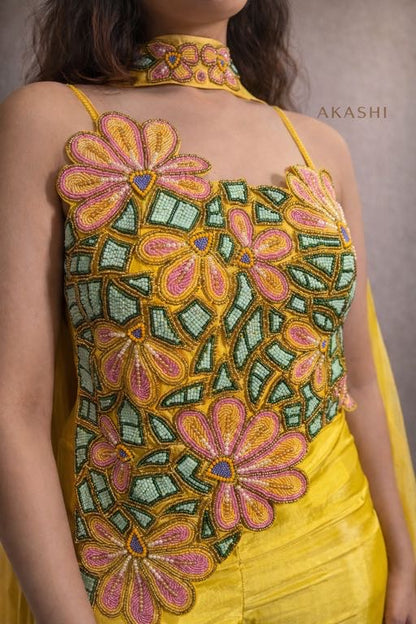 Yellow Asymmetrical Blouse with Palazzo Pants