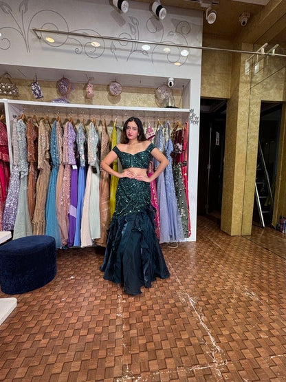 Botal green fish cut lehenga