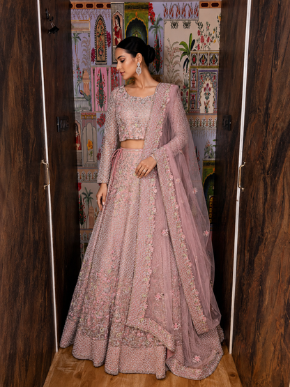 Rose Quartz Hand-Embroidered Raw Silk & Net Lehenga Set