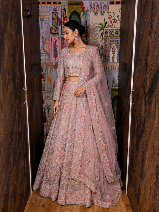 Rose Quartz Hand-Embroidered Raw Silk & Net Lehenga Set