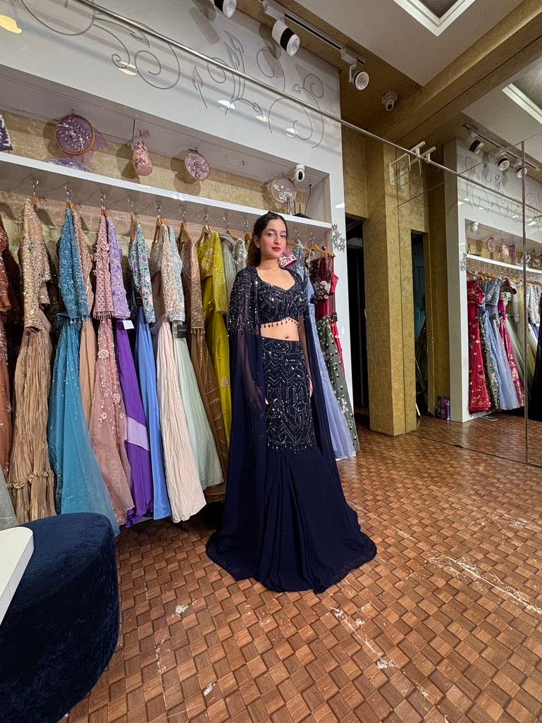 Nevi blue fish cut lehenga with cape