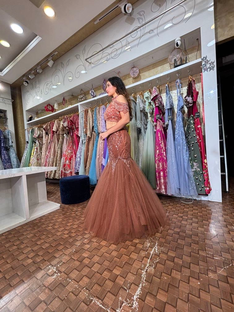 Rust Peach Embroidered Fish Cut Lehenga