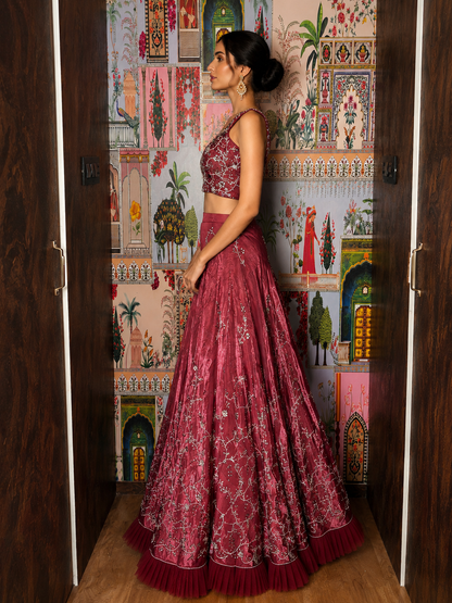 Rosewood Hand-Embroidered Glass Organza Lehenga Set