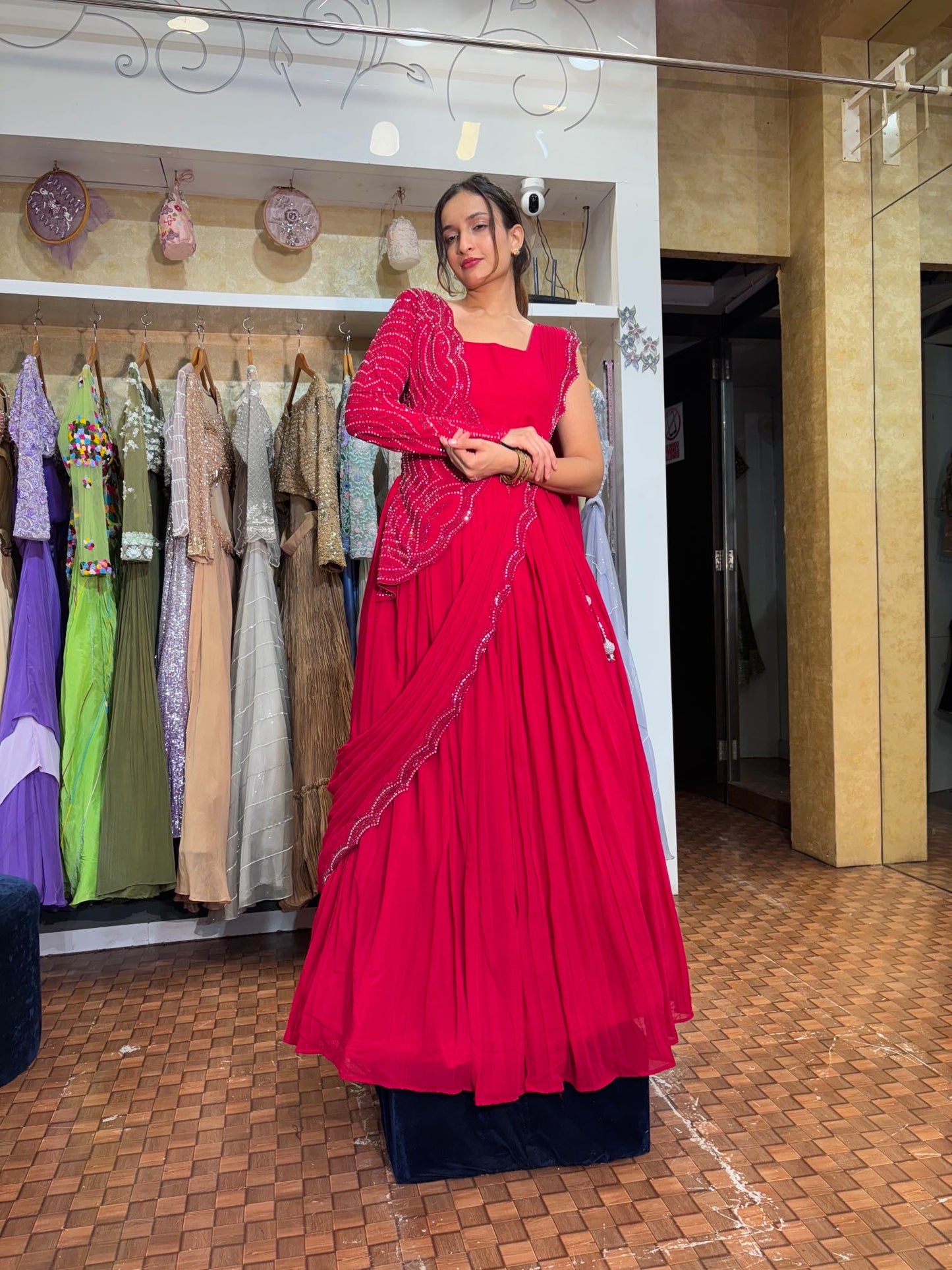 Red stylish gown with drape