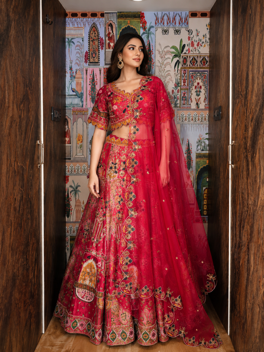Crimson Heritage Hand-Embroidered Raw Silk & Banarasi Lehenga Set