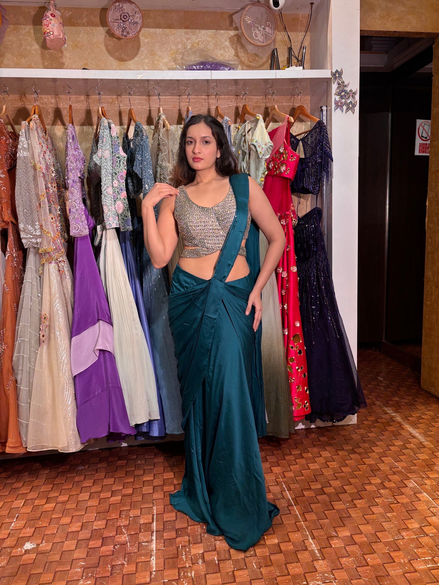 Emerald Teal Satin Silk Saree with Mirror Work Blouse