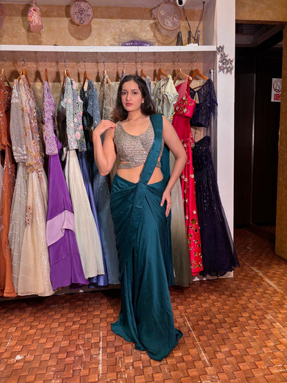 Emerald Teal Satin Silk Saree with Mirror Work Blouse