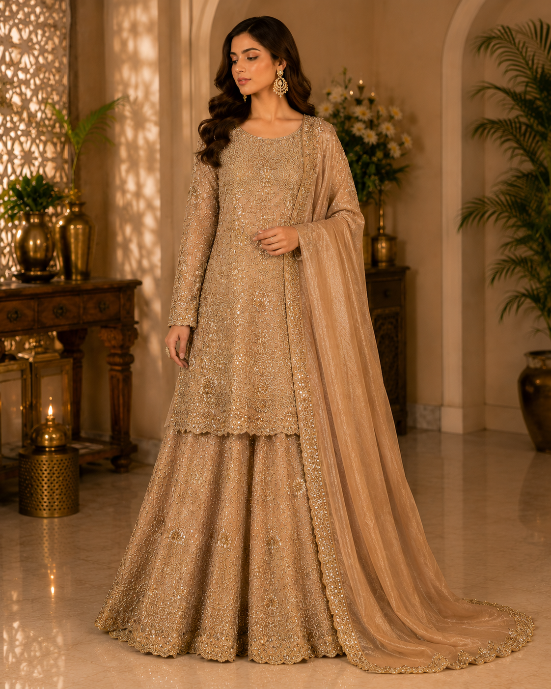 Champagne Royale Hand-Embroidered Vintage Gold Tissue Sharara Set