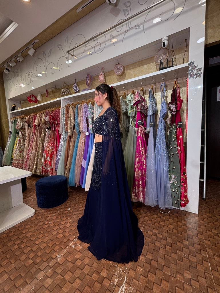 Nevi blue fish cut lehenga with cape