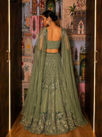 Sage Opulence Hand-Embroidered Organza Lehenga Set