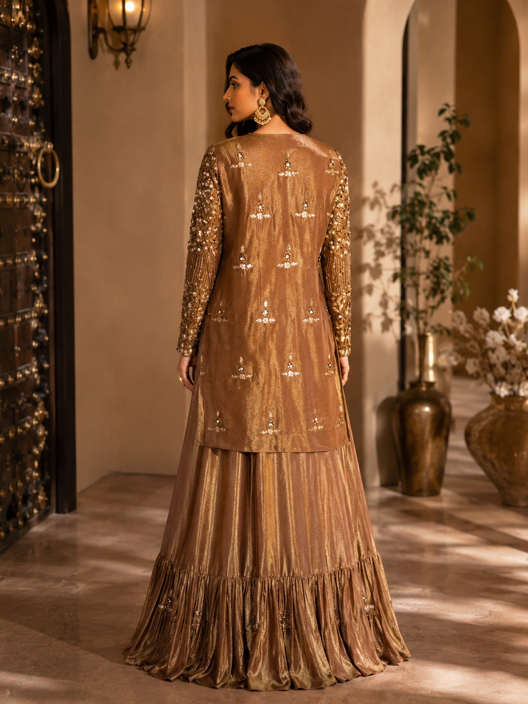 Burnished Gold Hand-Embroidered Kurti with Farsi Lehenga & Dupatta in Tissue