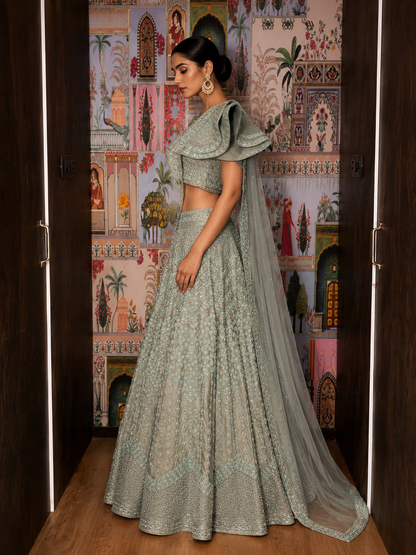 Celestial Mint Hand-Embroidered Organza Lehenga Set