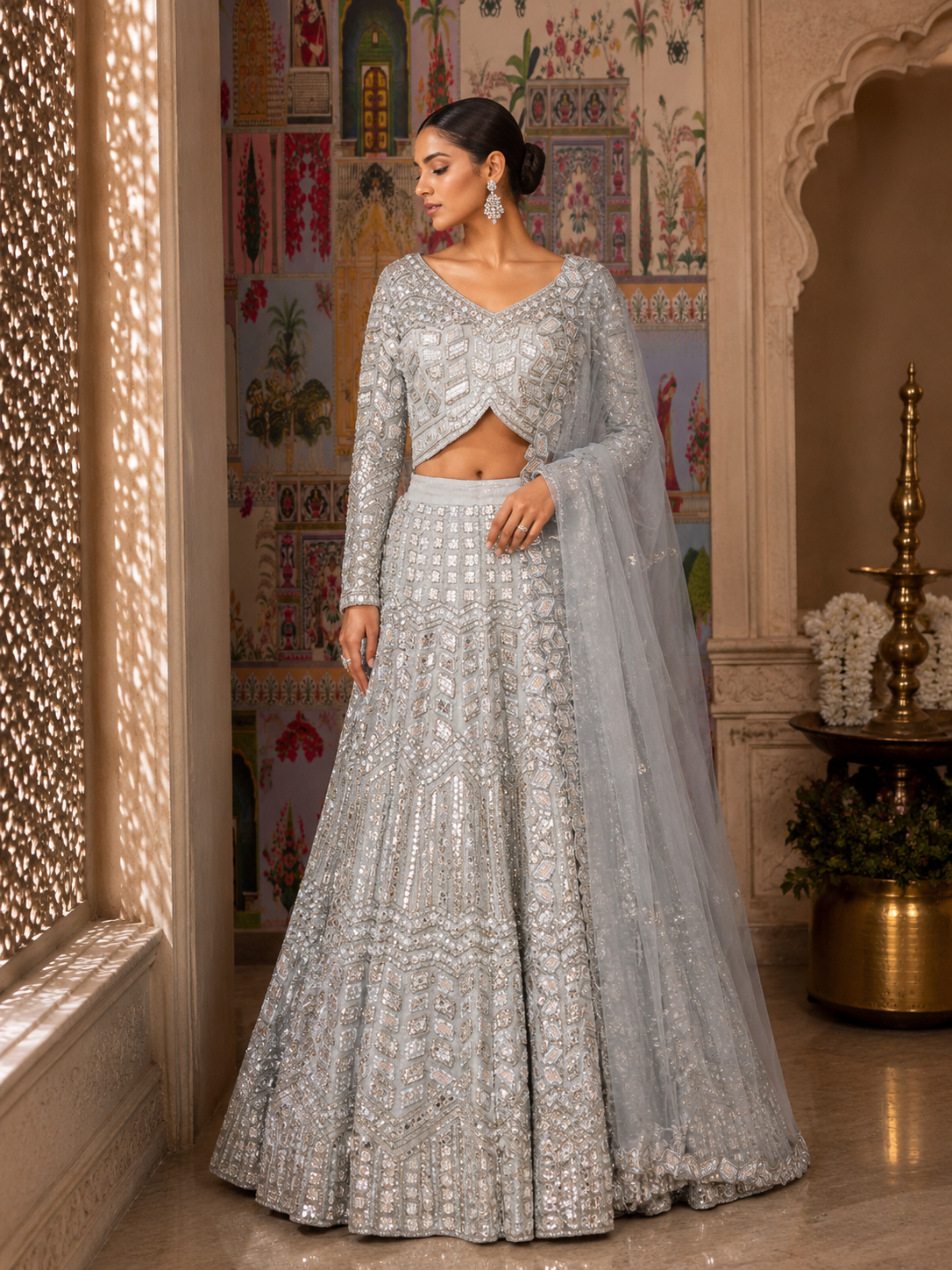 Frosted Pearl Mirrorwork Net Lehenga Set