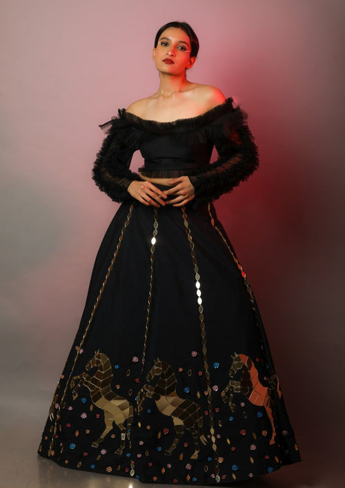 Black Lehenga Choli In Raw Silk With Ceramic Flowers & Horse Cut Mirror Acrylic Work