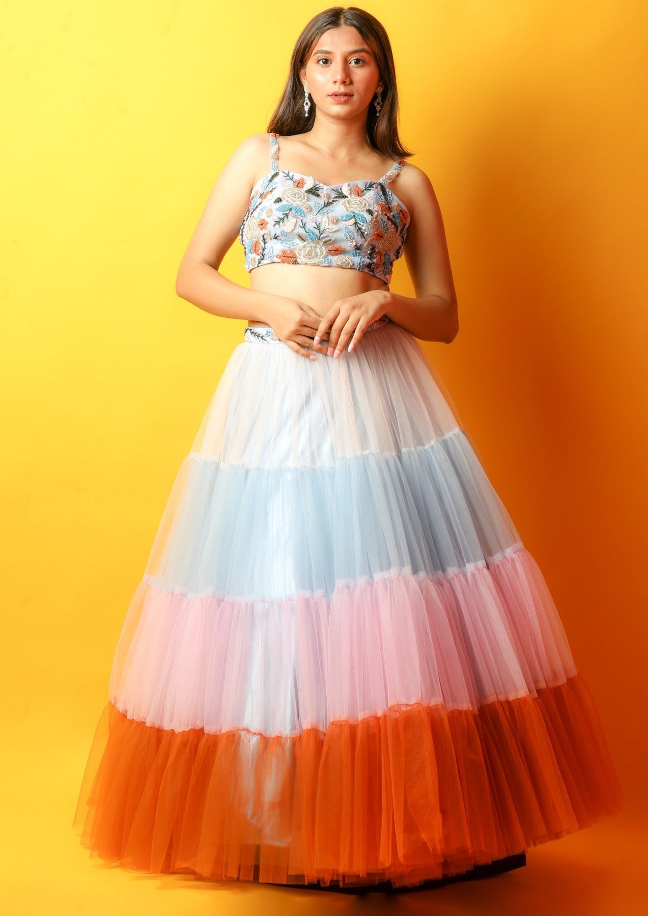 Blue 4 Tiered Lehenga And Crop top With French knots, Cut dana And Pearl Work