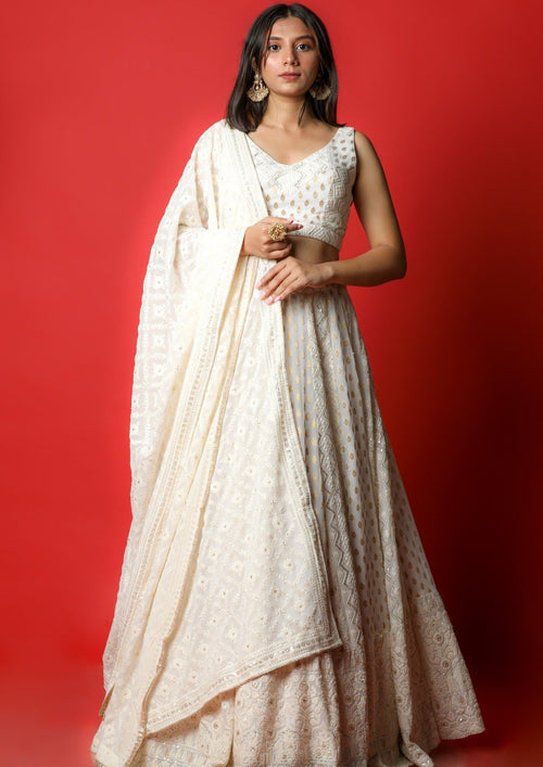 White Lehenga Choli With Lucknowi & Brocade Work In Geometric & Floral Pattern