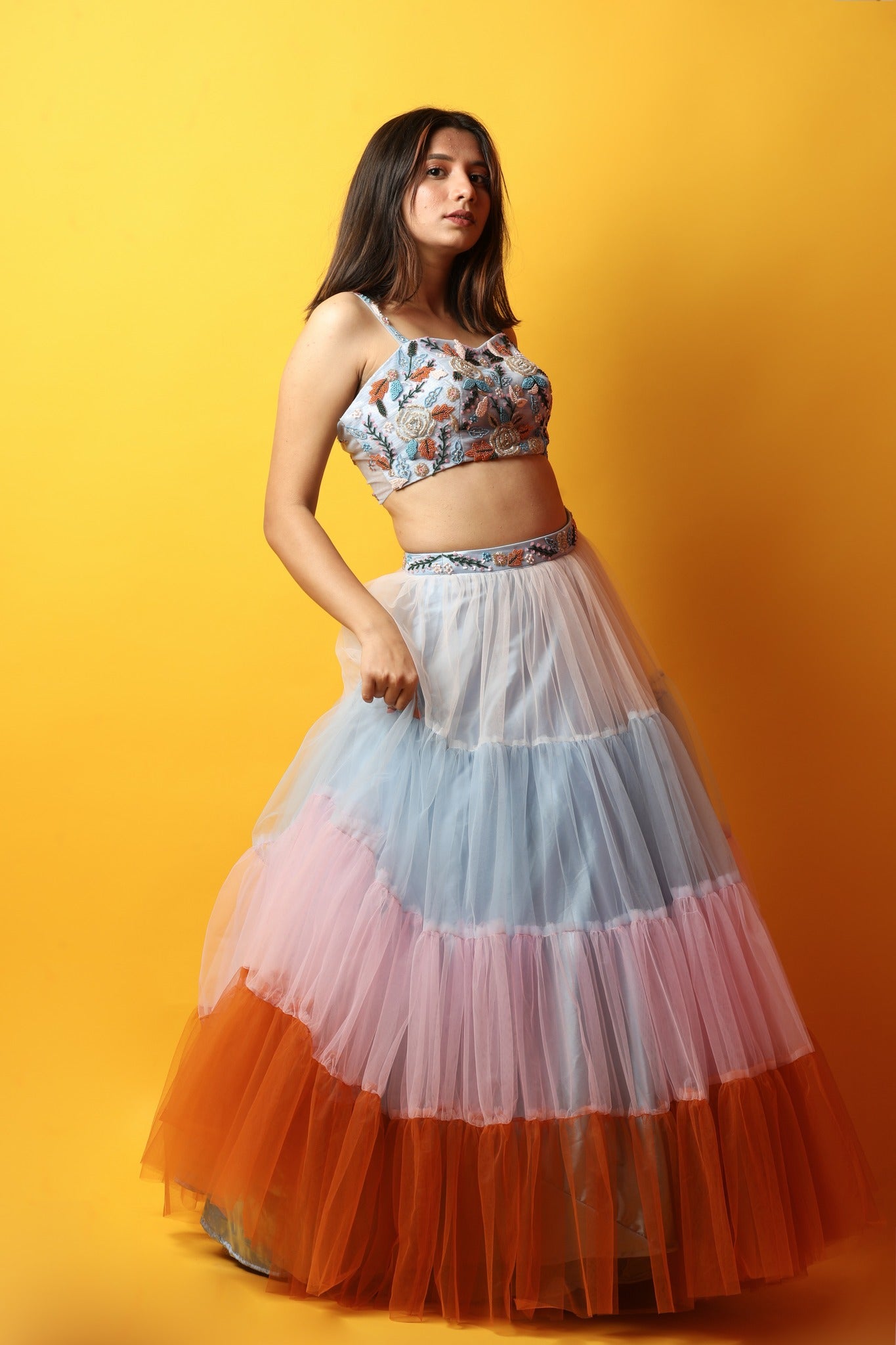 Blue 4 Tiered Lehenga And Crop top With French knots, Cut dana And Pearl Work