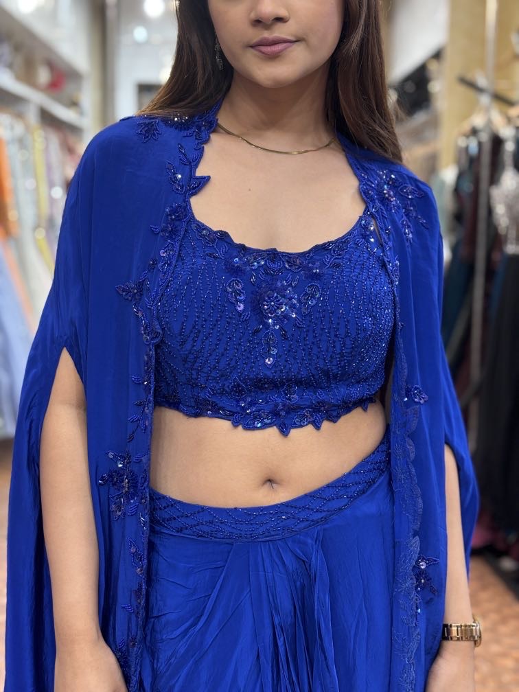 Electric blue drape skirt top and cape