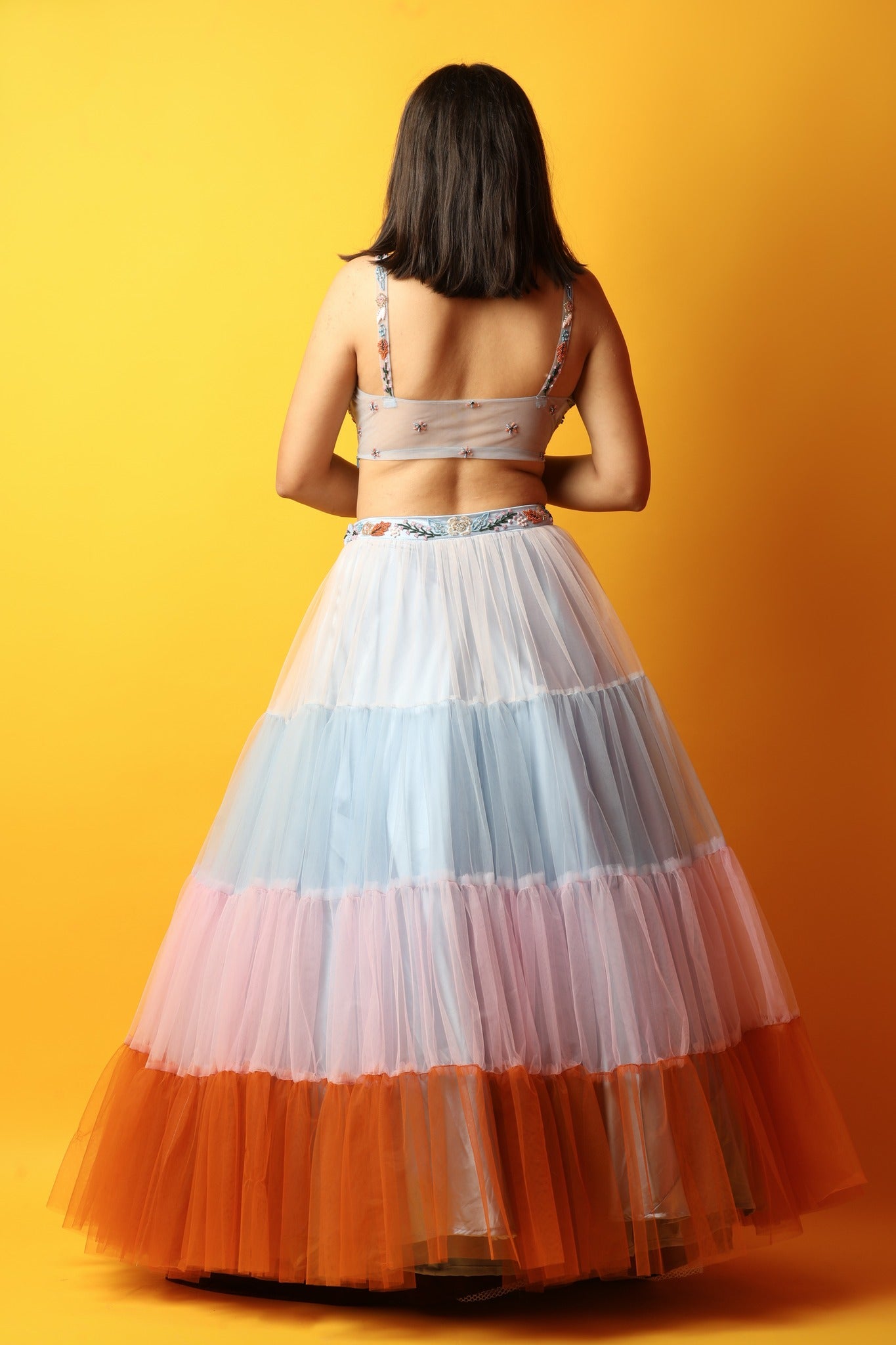Blue 4 Tiered Lehenga And Crop top With French knots, Cut dana And Pearl Work