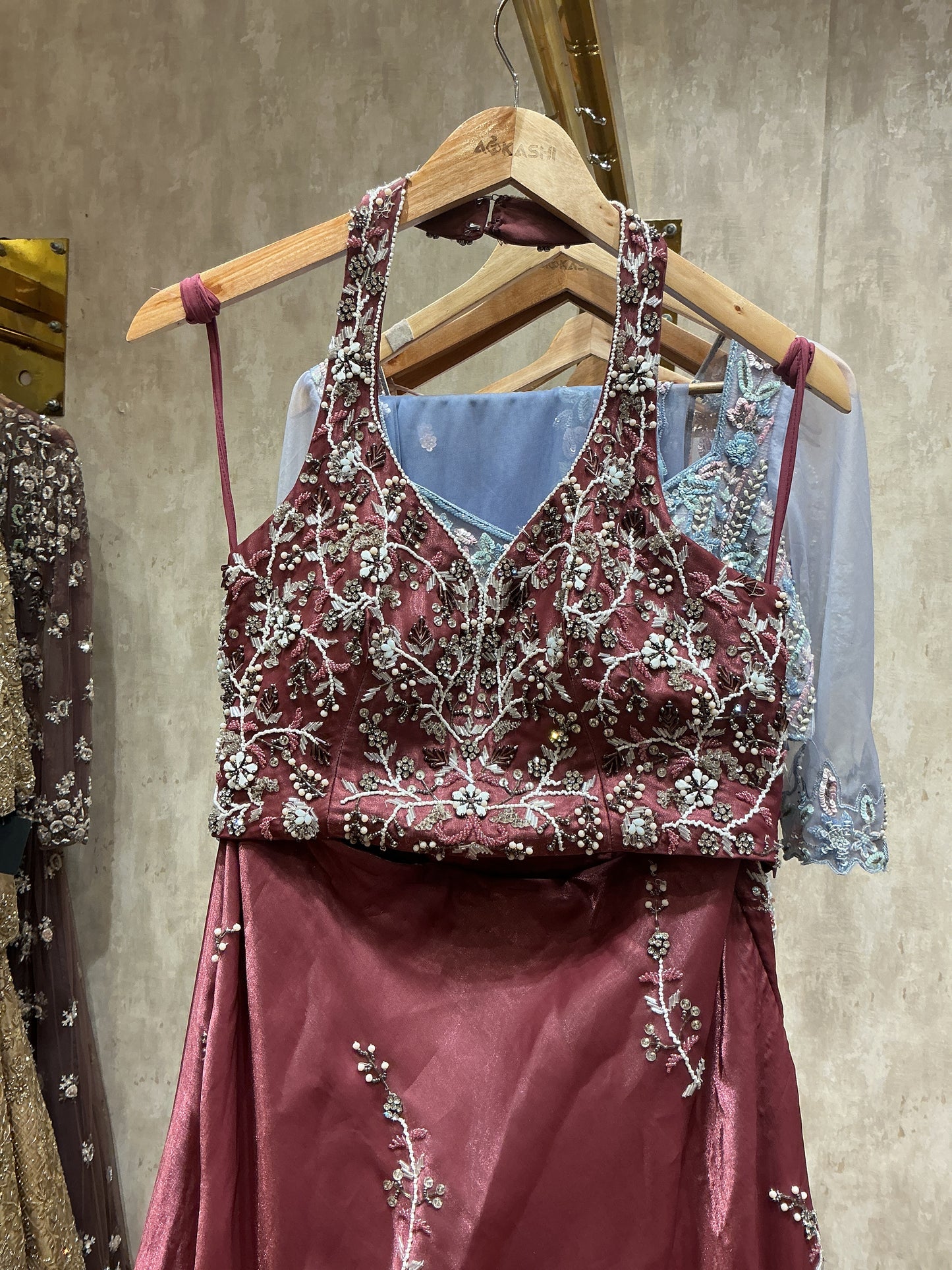 Rosewood Hand-Embroidered Glass Organza Lehenga Set