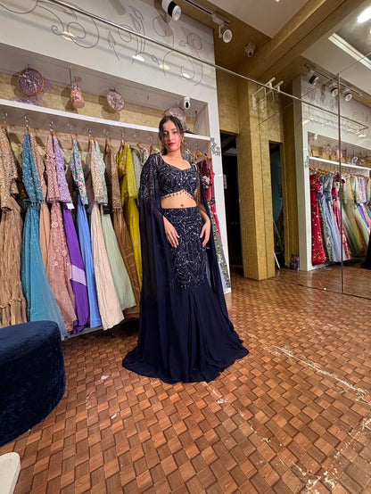 Nevi blue fish cut lehenga with cape