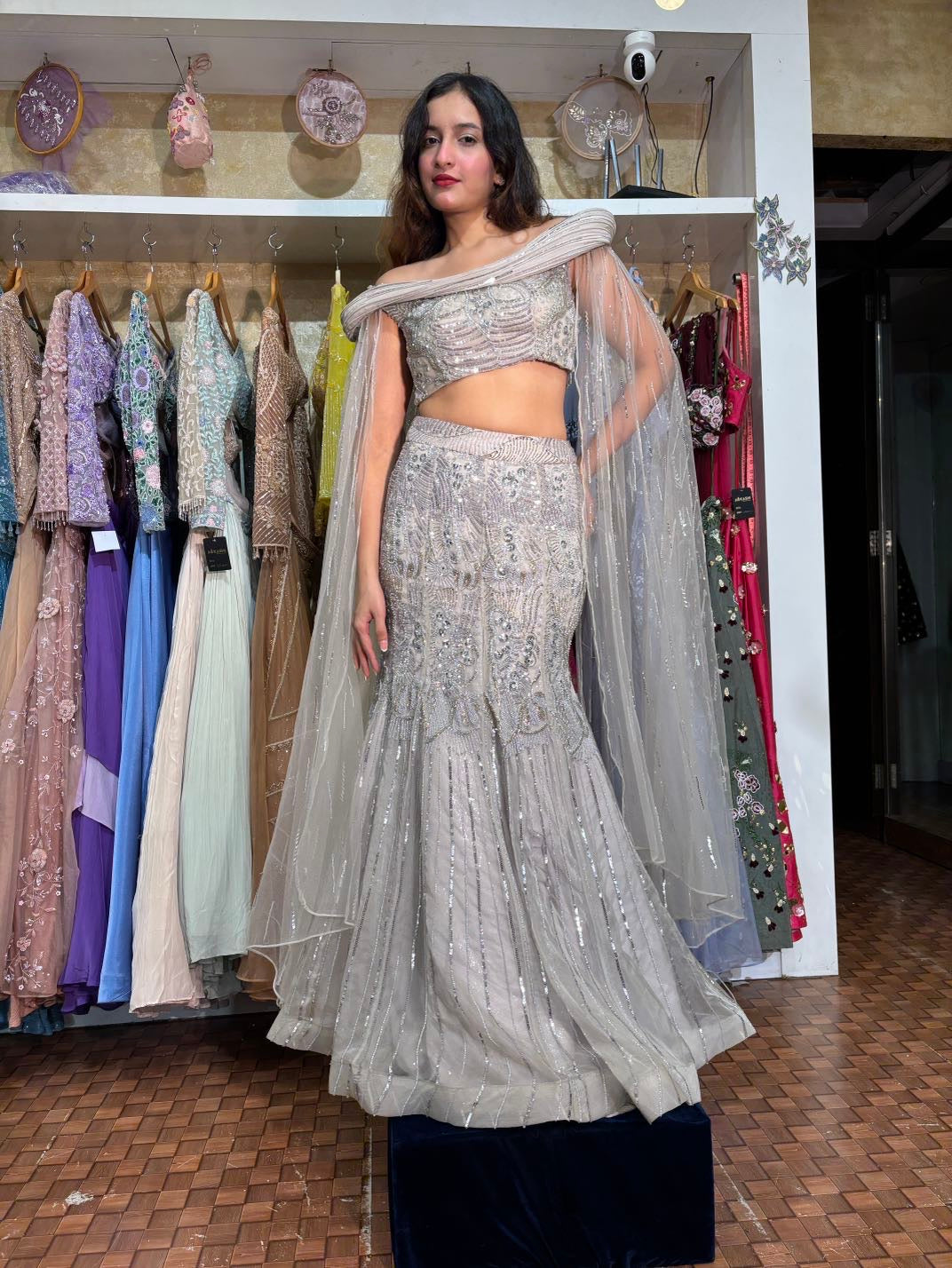 Grey silver fish cut Lehenga