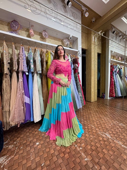 Fuchsia pink blouse with stylish lehenga