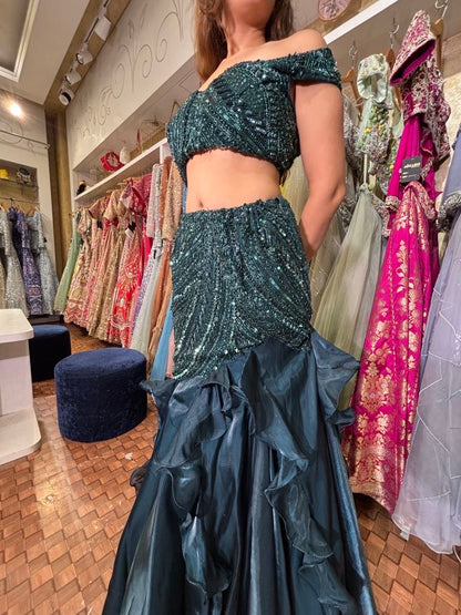 Botal green fish cut lehenga