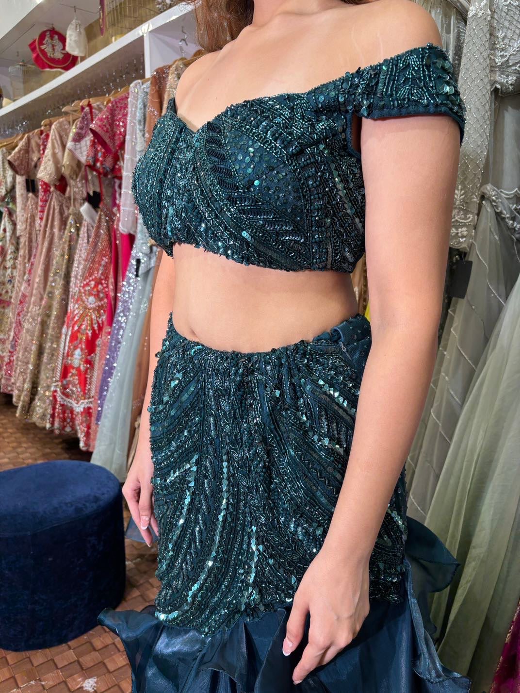 Botal green fish cut lehenga