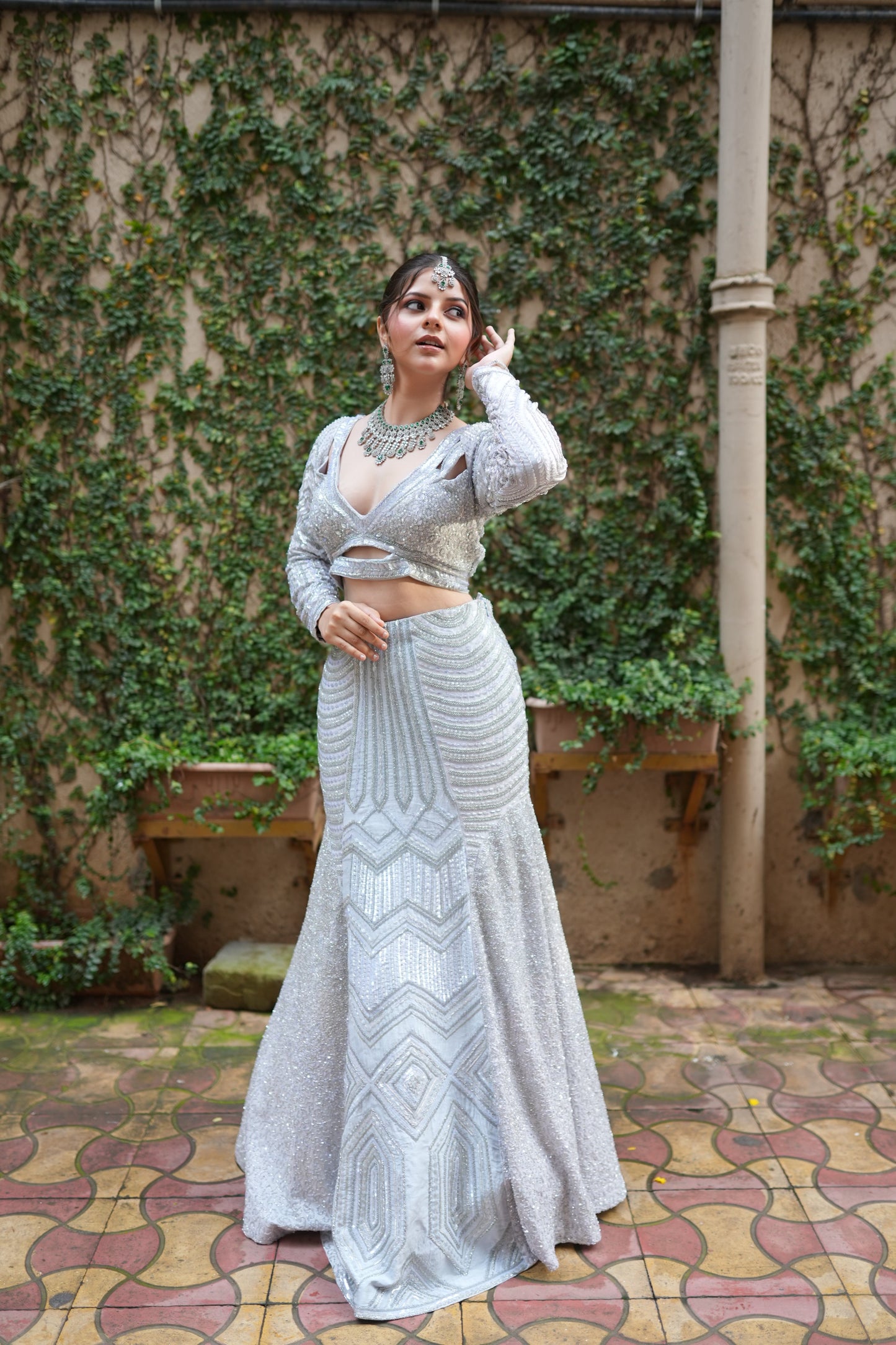 Silver Mist Hand-Embroidered Fish Cut Lehenga Set