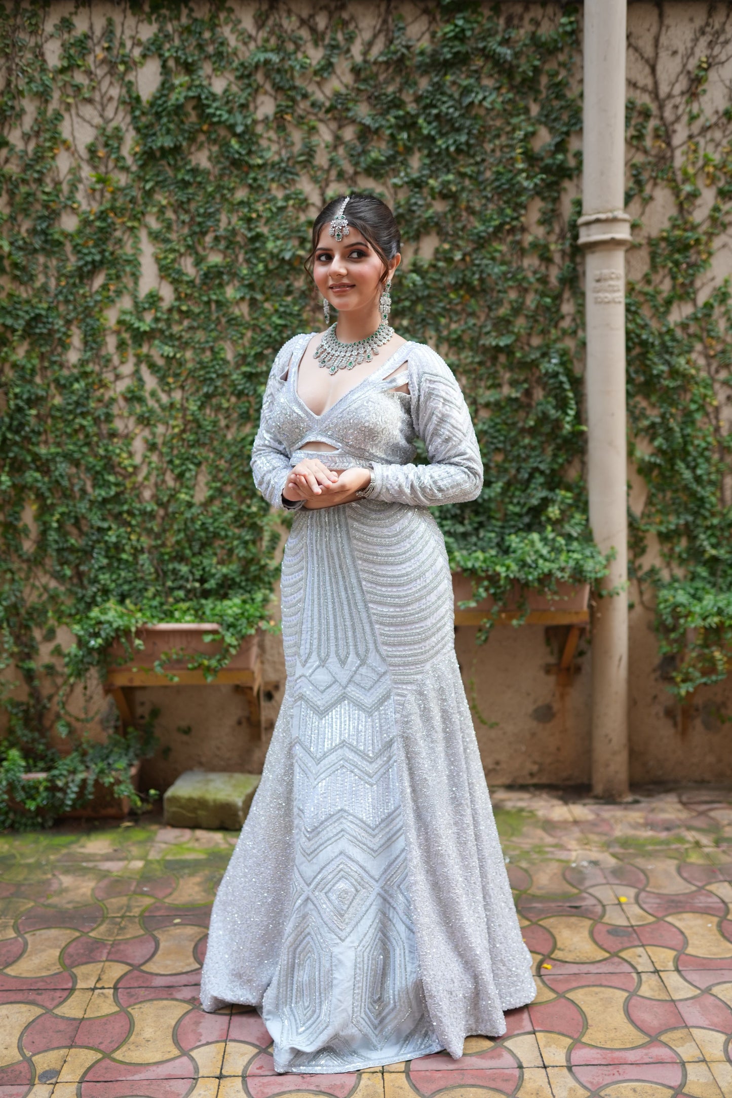 Silver Mist Hand-Embroidered Fish Cut Lehenga Set