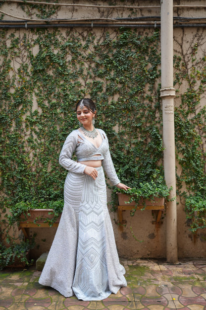 Silver Mist Hand-Embroidered Fish Cut Lehenga Set