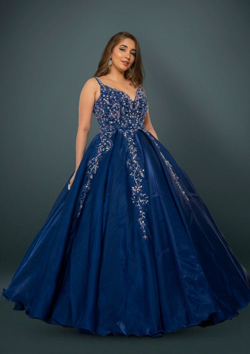 Midnight Blue Gown In Glass Organza
