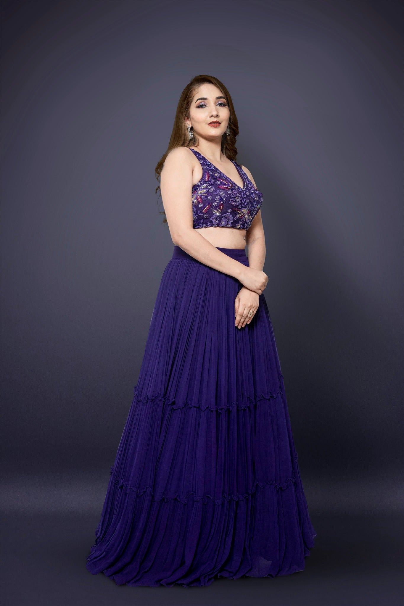 Purple Tiered Lehenga  Choli With Western Crystal, Cutdana, Pot And Sequins Work