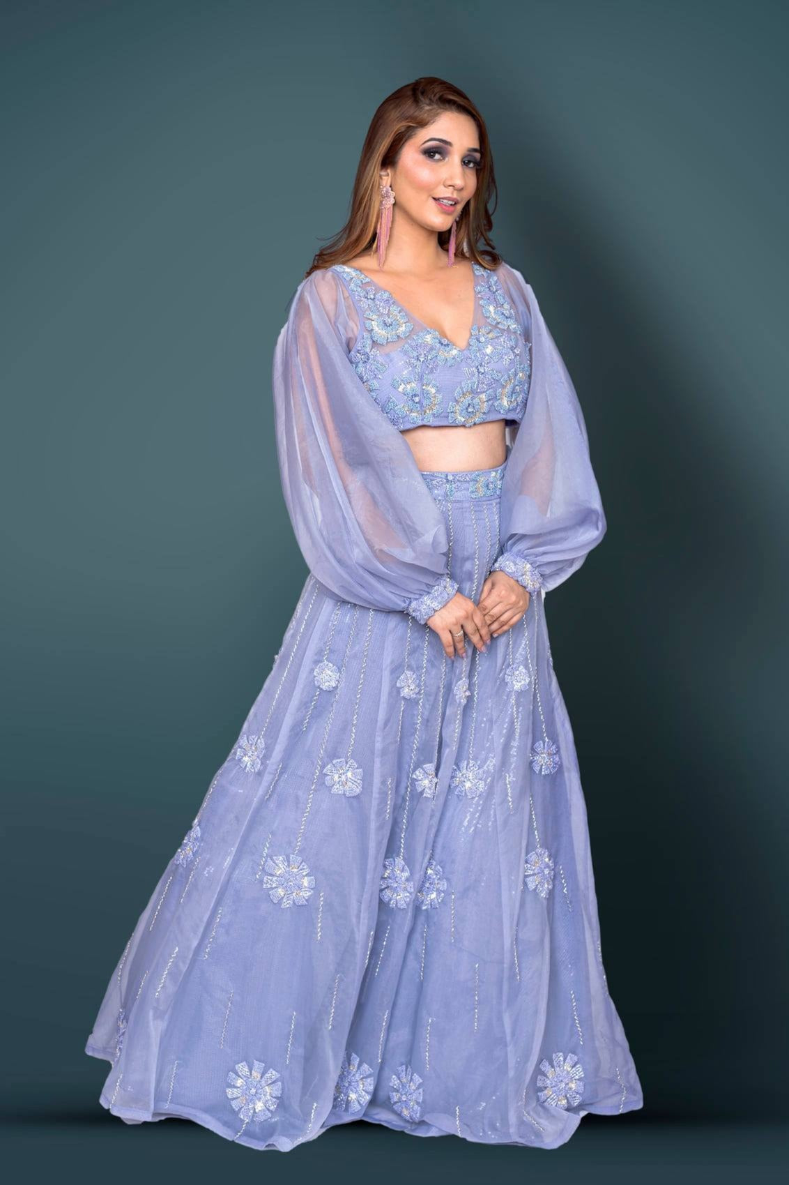 Light Blue Color Sequined Work Georgette Material Flared Lehenga