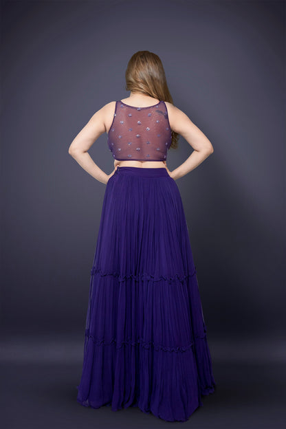 Purple Tiered Lehenga  Choli With Western Crystal, Cutdana, Pot And Sequins Work
