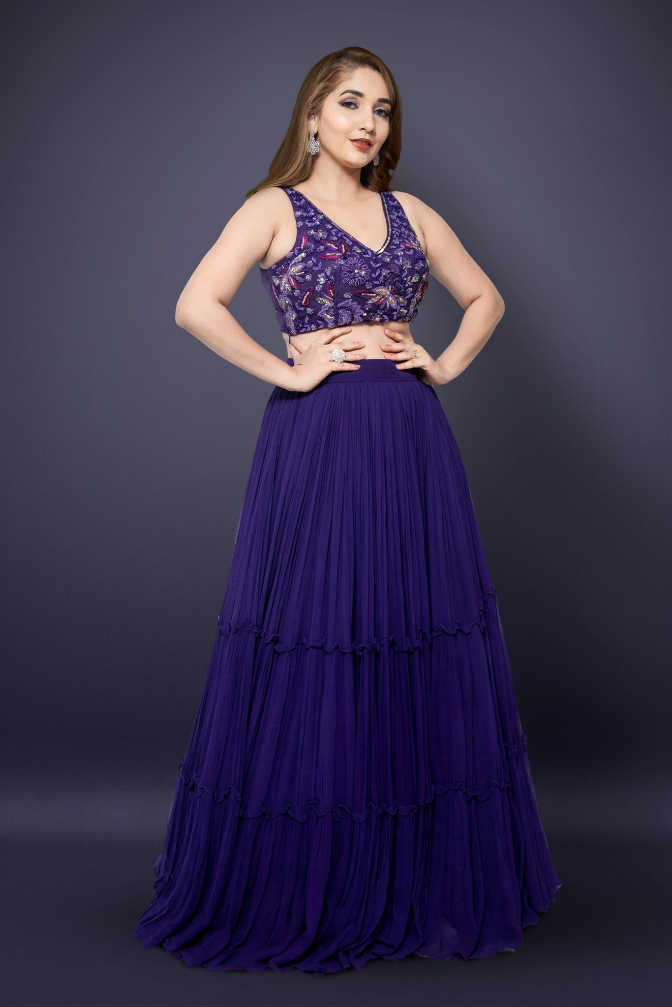 Purple Tiered Lehenga  Choli With Western Crystal, Cutdana, Pot And Sequins Work