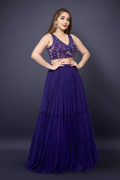 Purple Tiered Lehenga  Choli With Western Crystal, Cutdana, Pot And Sequins Work