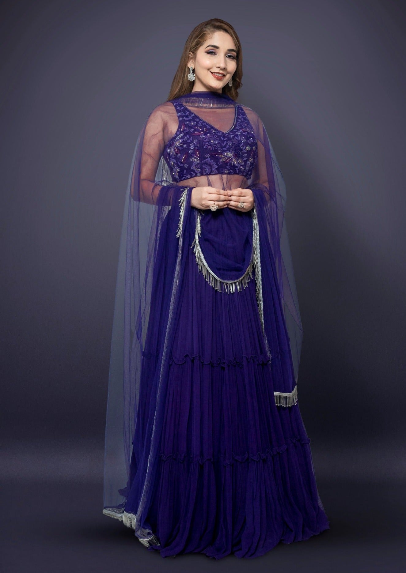 Purple Tiered Lehenga  Choli With Western Crystal, Cutdana, Pot And Sequins Work