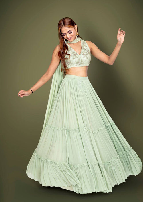 Lily Green Tiered Lehenga With Western Crystal, Zardosi And Sequins Work