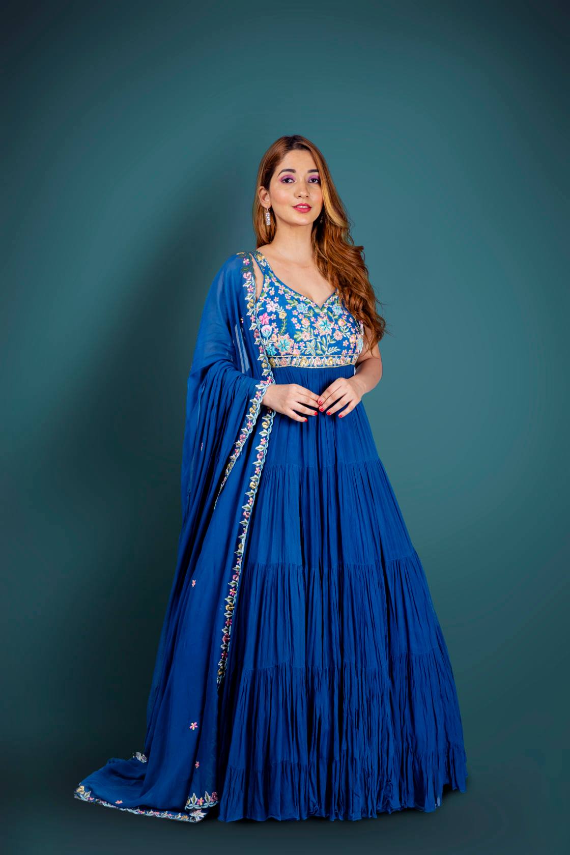 Blue Anarkali In Georgette With Vibrant Resham Embroidery
